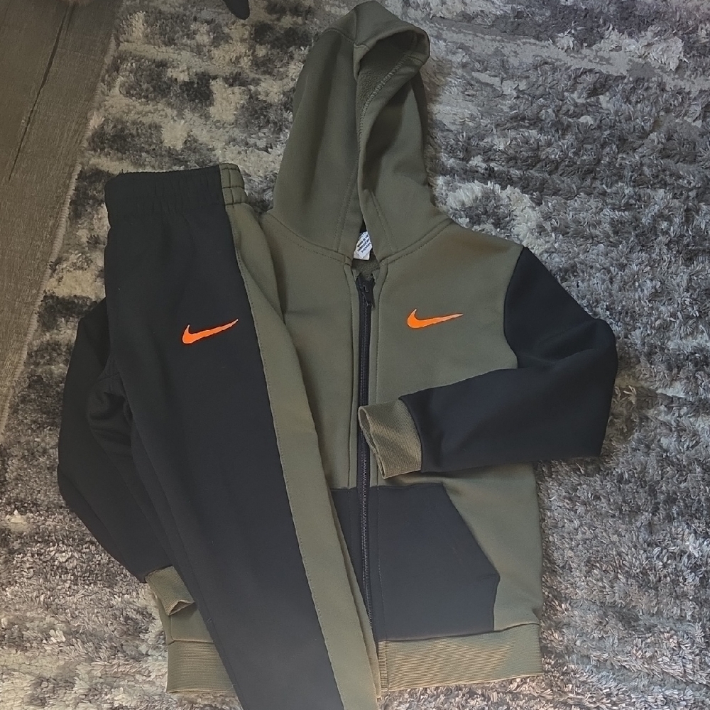 Nike Kids Olive and Black Hoodie Set with Orange Logo